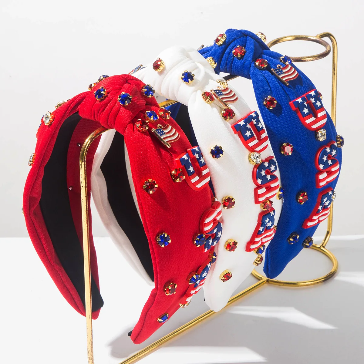 Solid color red white blue rhinestone usa letter flag knotted wide headband - american independence day hair accessory
Solid color red white blue rhinestone usa letter flag knotted wide headband - american independence day hair accessory