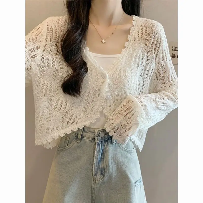 Summer 2025 Ice Silk Thin Knitted Cardigan Women's Short Hollow out Open Front Outerwear V-Neck Long Sleeve Sun Protection
Summer 2025 Ice Silk Thin Knitted Cardigan Women's Short Hollow out Open Front Outerwear V-Neck Long Sleeve Sun Protection
