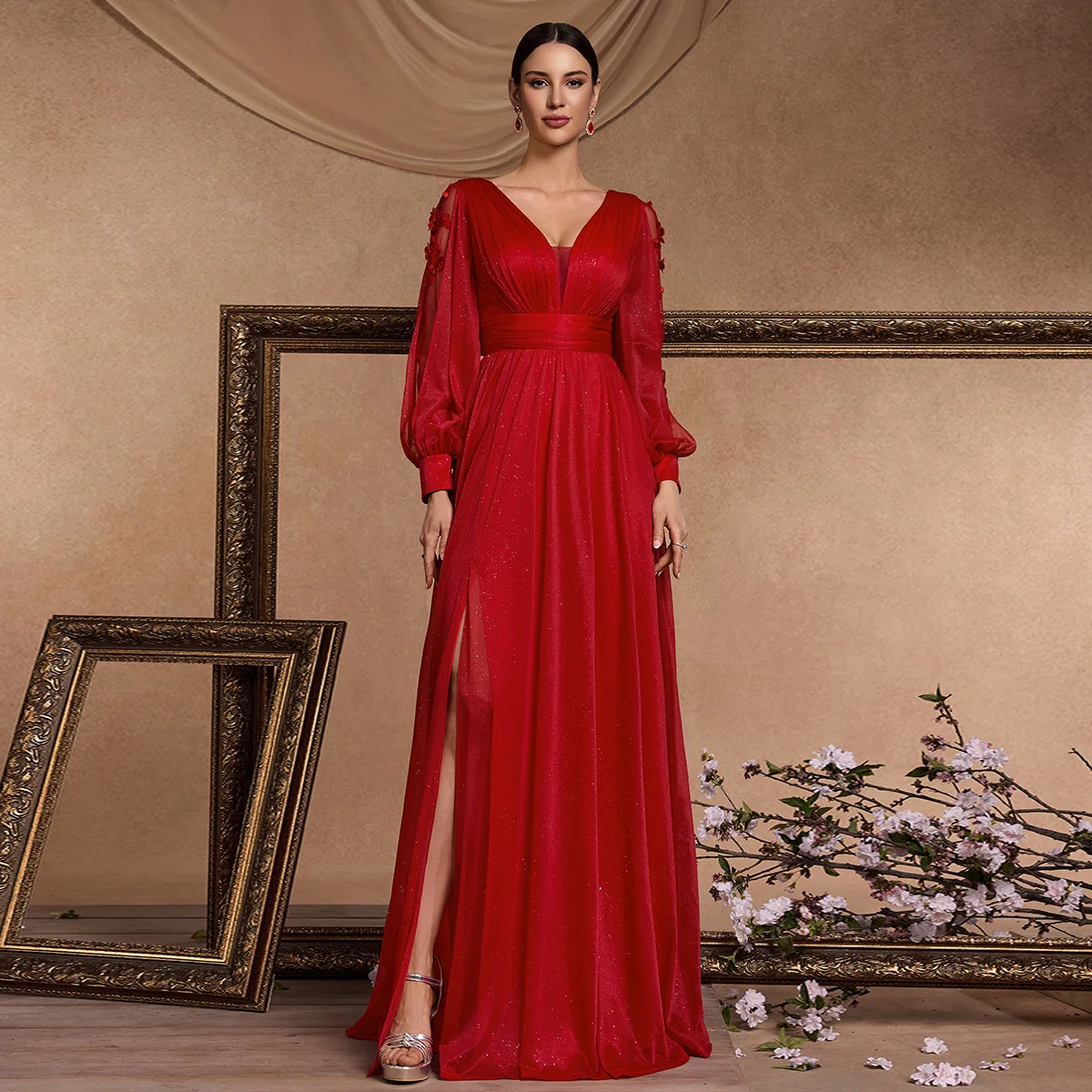 V Neck Sheer Puff Long Sleeve 3D Flower Glitter Tulle Maxi Dress Red with Side High Slit Floor Train Wedding Gala Gown
V Neck Sheer Puff Long Sleeve 3D Flower Glitter Tulle Maxi Dress Red with Side High Slit Floor Train Wedding Gala Gown