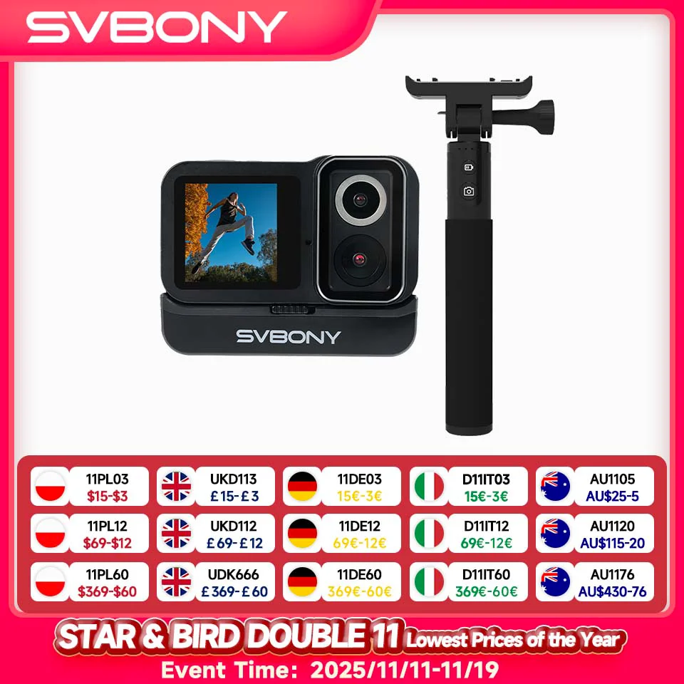 Svbony SVGo Dual Lens Action Camera IPX8 Waterproof 4K30fps HD Lens & Nighttime Lens Shooting for Cycling Grip Charging Diving
Svbony SVGo Dual Lens Action Camera IPX8 Waterproof 4K30fps HD Lens & Nighttime Lens Shooting for Cycling Grip Charging Diving