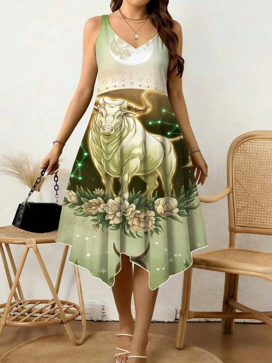 Women V Neck Irregular Hem Dress With Bull Zodiac Floral Print For Spring Summer Casual
Women V Neck Irregular Hem Dress With Bull Zodiac Floral Print For Spring Summer Casual