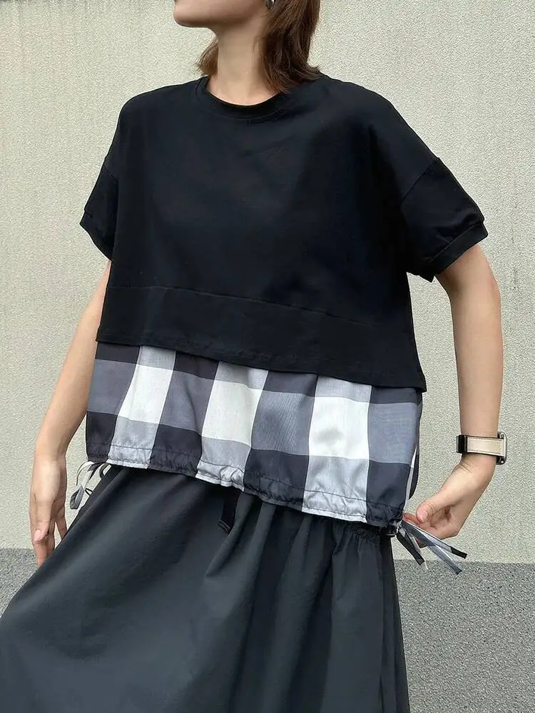 Women Black Plaid Drawstring Big Size Irregular T-shirt New Round Neck Short Sleeve Fashion Tide Spring Summer
Women Black Plaid Drawstring Big Size Irregular T-shirt New Round Neck Short Sleeve Fashion Tide Spring Summer