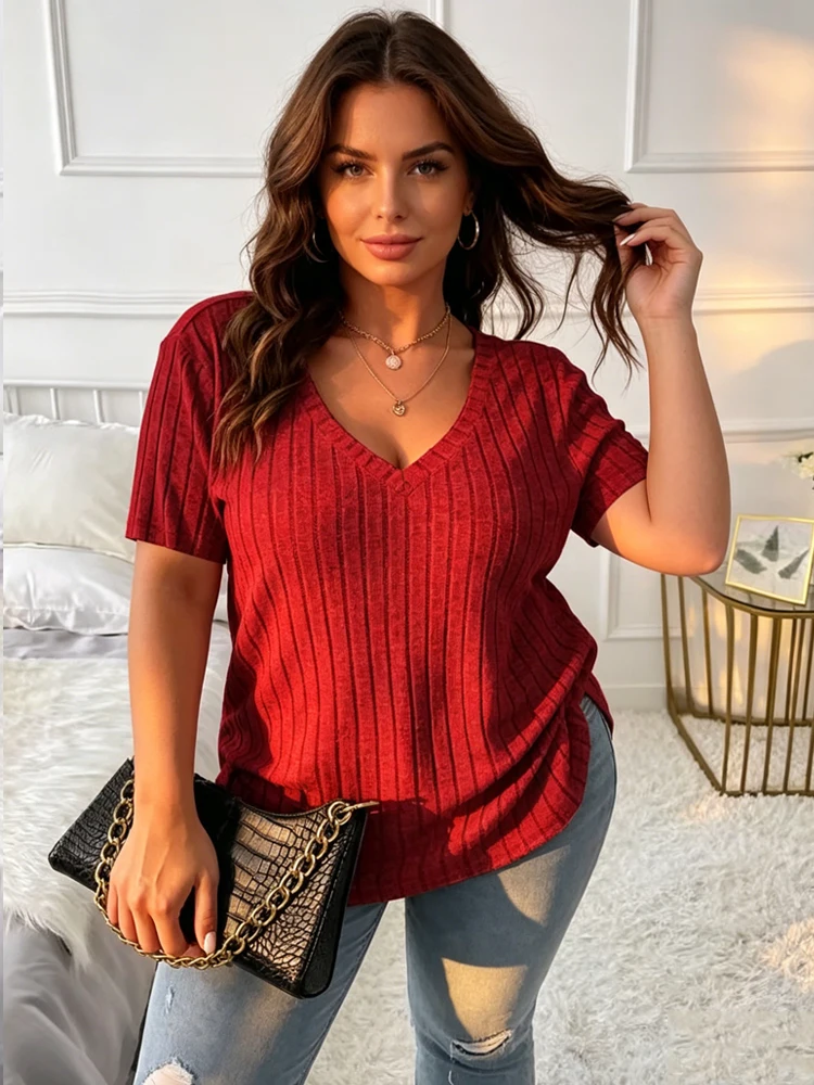 Fashion Short Sleeve Knitted Summer T-shirts Plus Large Size Loose Woman Tops V Neck Casual Office New Elastic Lady Tees Clothes
Fashion Short Sleeve Knitted Summer T-shirts Plus Large Size Loose Woman Tops V Neck Casual Office New Elastic Lady Tees Clothes