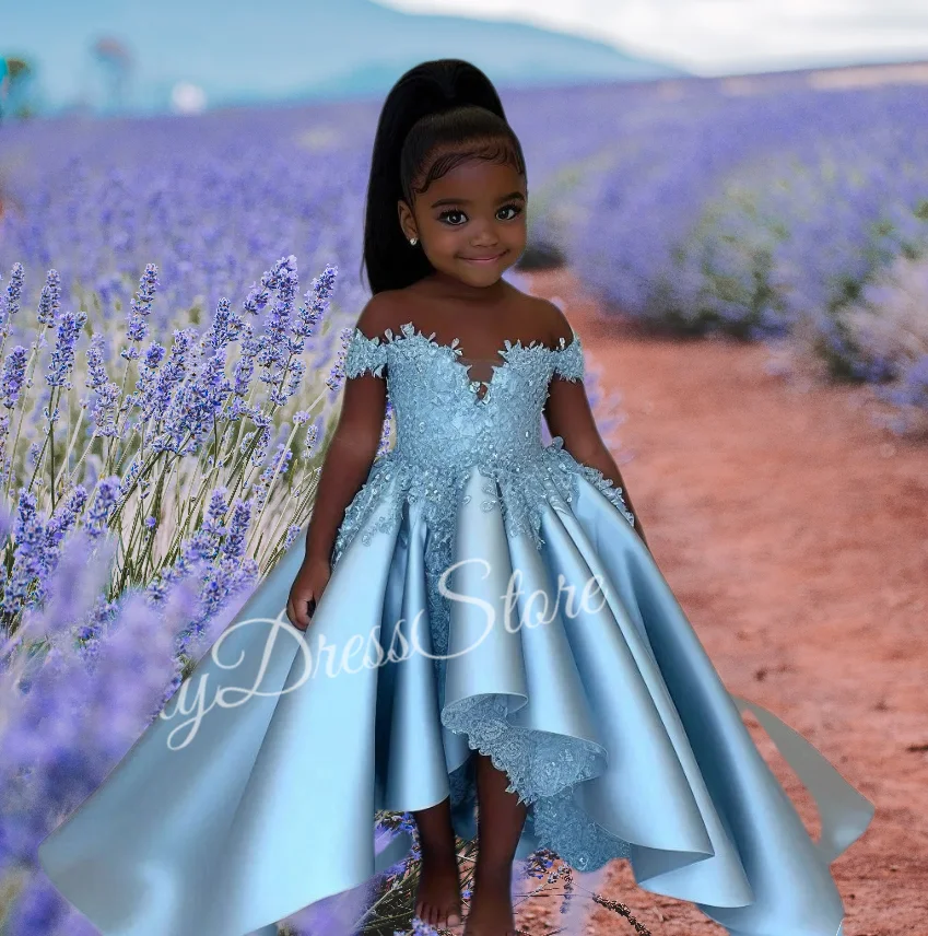 Customized Flower Girl Dress For Wedding 2025 Puffy Lace Applique Blue Satin Kids Birthday Party First Communion Ball Gown 
Customized Flower Girl Dress For Wedding 2025 Puffy Lace Applique Blue Satin Kids Birthday Party First Communion Ball Gown