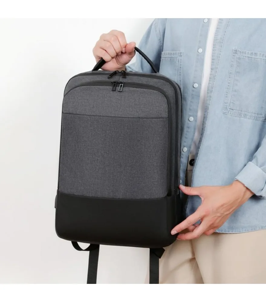 Black two tone bottom leather patch backpack dual front zipper pockets anti splash external USB port for office casual daily use
Black two tone bottom leather patch backpack dual front zipper pockets anti splash external USB port for office casual daily use