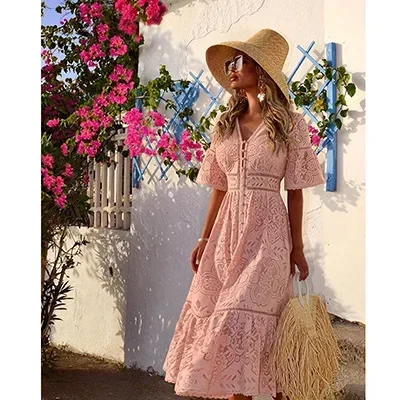 . Summer new European and American. Women's clothing. V-neck short-sleeved hollow single-breasted lace dress new
. Summer new European and American. Women's clothing. V-neck short-sleeved hollow single-breasted lace dress new