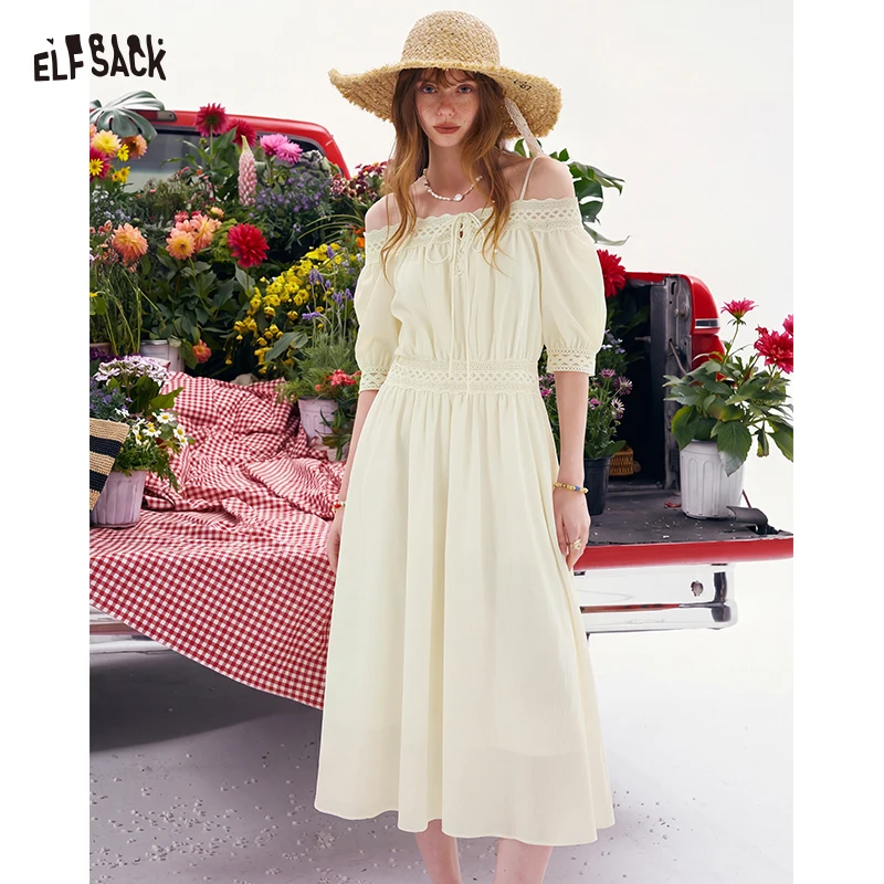 ELFSACK Off-Shoulder Lace Trim Midi Dress, 3/4 Sleeve Smocked Waist White Dress, Elegant Bohemian Style Dress for Women
ELFSACK Off-Shoulder Lace Trim Midi Dress, 3/4 Sleeve Smocked Waist White Dress, Elegant Bohemian Style Dress for Women