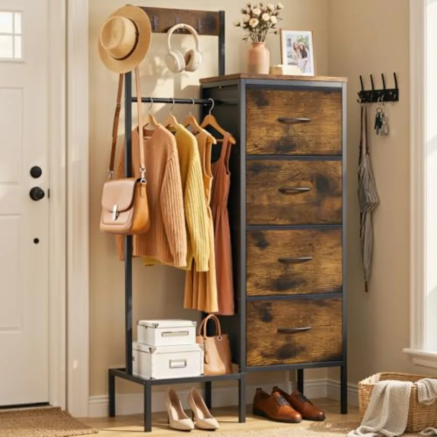 Dresser with Hanging Rack and Storage Drawers 4 Drawer Chest with Hooks and Hat Rack Rustic Entryway Organizer for Clothes Bags
Dresser with Hanging Rack and Storage Drawers 4 Drawer Chest with Hooks and Hat Rack Rustic Entryway Organizer for Clothes Bags