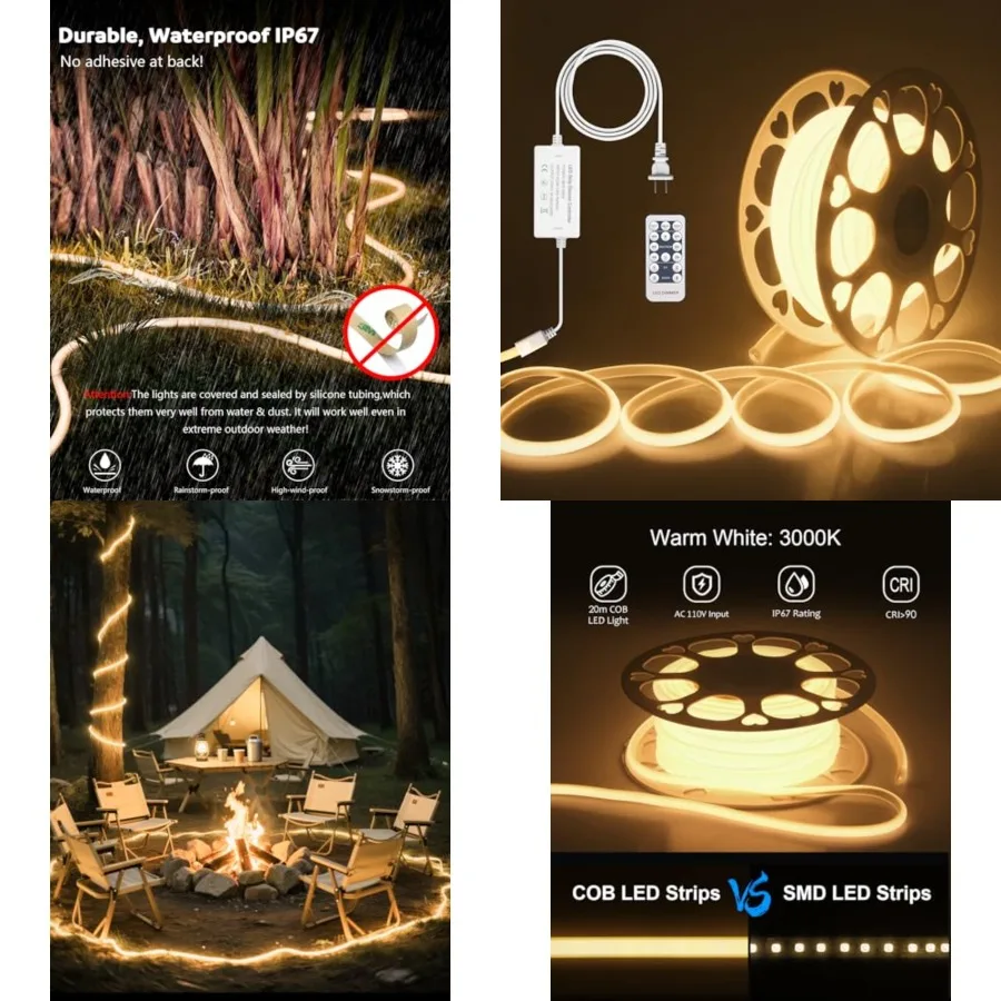 120V 110V COB Led Strip Light Kit Dimmable Waterproof IP67 3000K 65.6ft LED Light Strips Outdoor 5760LEDs Super Bright Neon Rop
120V 110V COB Led Strip Light Kit Dimmable Waterproof IP67 3000K 65.6ft LED Light Strips Outdoor 5760LEDs Super Bright Neon Rop