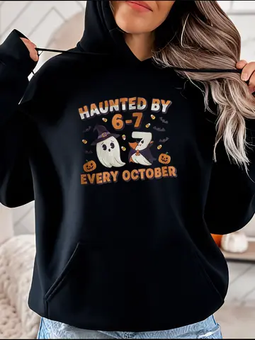 Halloween Hoodie Haunted by 6-7 Every October Ghost Penguin Print Women's Casual Sweatshirt Autumn Festival Wear