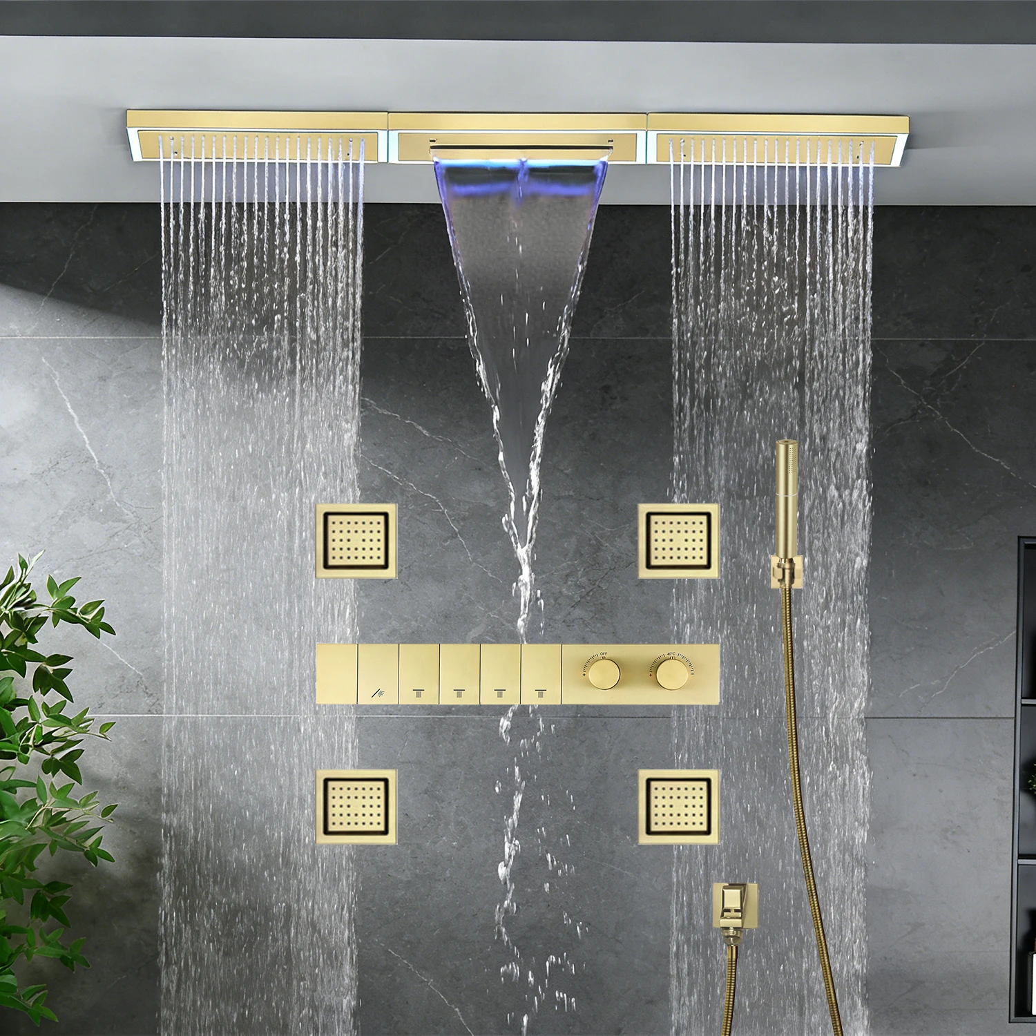 Qlonn Shower System Set 5 Functions Thermostatic Mixer LED Lighting 1200*200mm Shower Head Bathroom Faucets Massage Body Jet
Qlonn Shower System Set 5 Functions Thermostatic Mixer LED Lighting 1200*200mm Shower Head Bathroom Faucets Massage Body Jet