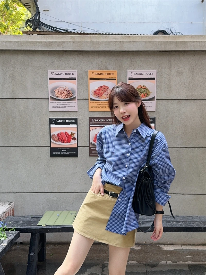 Kumikumi Retro Blue Plaid Long Sleeve Shirt Women's Casual Loose Collar up Spring Versatile Top White Enhancing Other 100%
Kumikumi Retro Blue Plaid Long Sleeve Shirt Women's Casual Loose Collar up Spring Versatile Top White Enhancing Other 100%