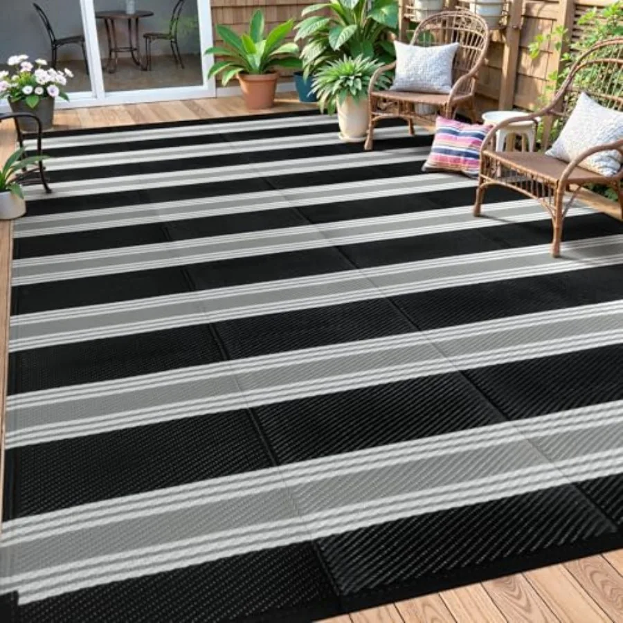 Outdoor plastic straw rug for patio, RV, camping, beach, deck, backyard, balcony; reversible, waterproof; black/grey striped; 9
Outdoor plastic straw rug for patio, RV, camping, beach, deck, backyard, balcony; reversible, waterproof; black/grey striped; 9