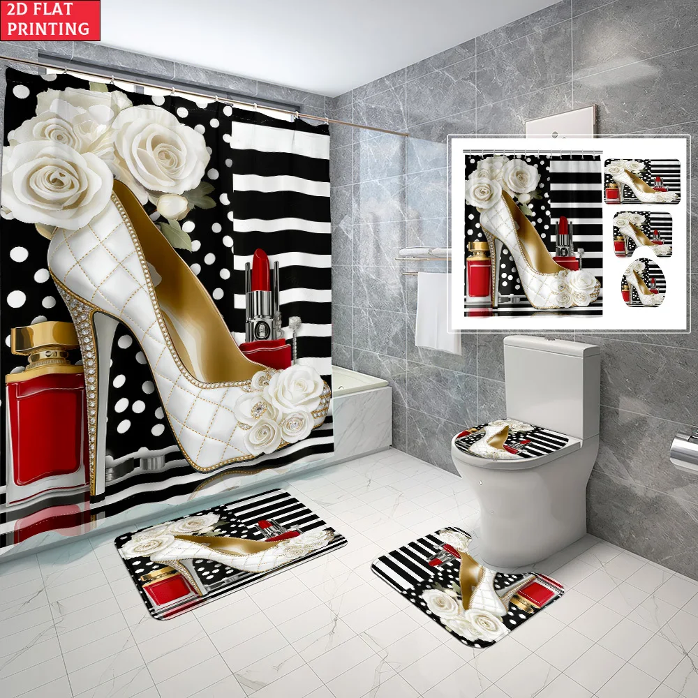 1pc/4pcs Shower Curtain and Bath Mat Set with High Heel White Roses Black Stripes Lipstick Non-Slip Bathroom Decor, with 12hooks
1pc/4pcs Shower Curtain and Bath Mat Set with High Heel White Roses Black Stripes Lipstick Non-Slip Bathroom Decor, with 12hooks