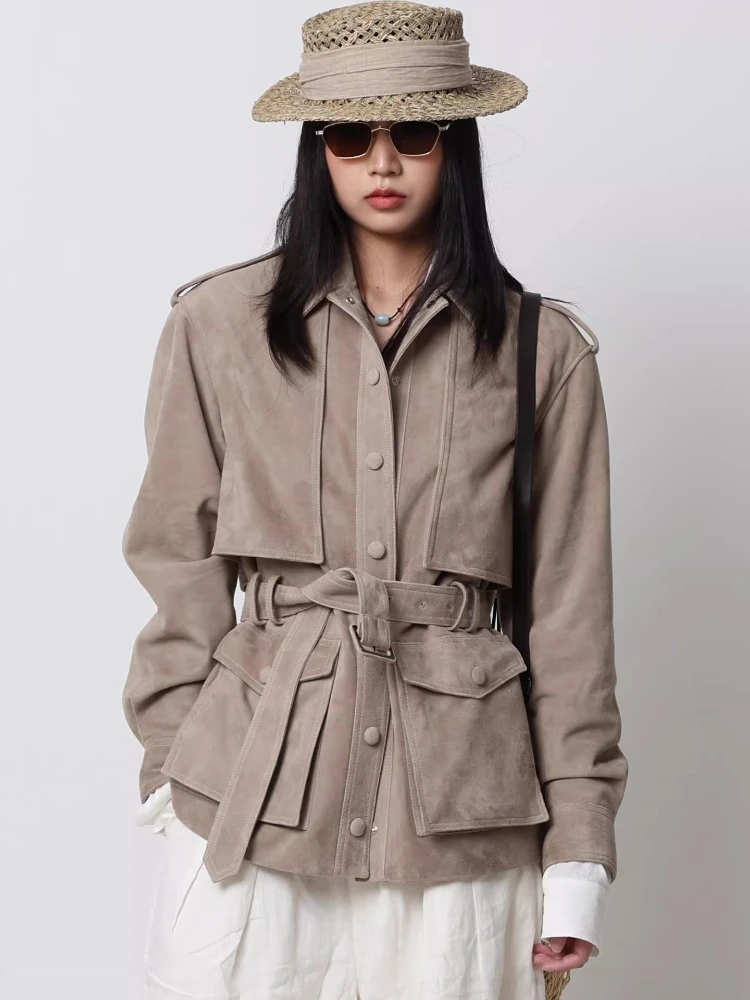 Casual Genuine Leather Windbreaker Jackets for Women Spring Autumn High-end Simple Vintage Real Sheepskin Suede Coat with Belt
Casual Genuine Leather Windbreaker Jackets for Women Spring Autumn High-end Simple Vintage Real Sheepskin Suede Coat with Belt