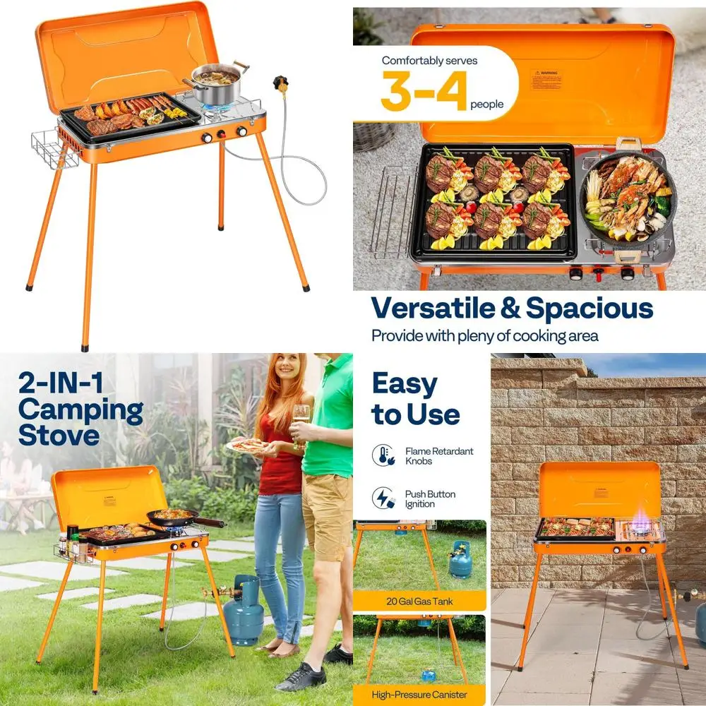 2-in-1 Gas Camping Stove with Detachable Legs, Portable Propane Grill, 20000 BTU Tabletop Grill Cooker for Party, Camping, Picni
2-in-1 Gas Camping Stove with Detachable Legs, Portable Propane Grill, 20000 BTU Tabletop Grill Cooker for Party, Camping, Picni