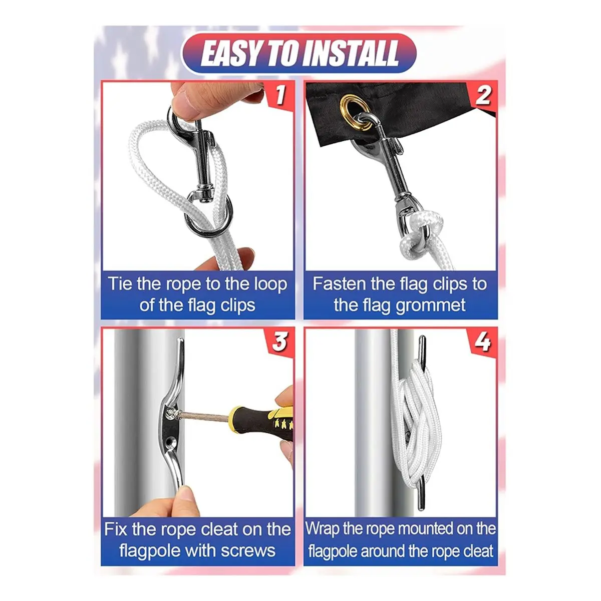 Комплект веревок и зажимов для флагштоков - 50-футовая веревка для флагштока с крюком-зажимом и 4 поворотными карабинами для флагштоков длиной до 25 футов
Комплект веревок и зажимов для флагштоков - 50-футовая веревка для флагштока с крюком-зажимом и 4 поворотными карабинами для флагштоков длиной до 25 футов