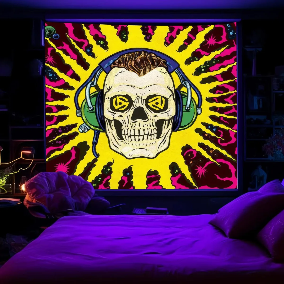 UV Reactive Blacklight Tapestry Peach Skin 2D Flat Print Neon Skull DJ Trippy Wall Hanging for Bedroom Dorm Party Decor
UV Reactive Blacklight Tapestry Peach Skin 2D Flat Print Neon Skull DJ Trippy Wall Hanging for Bedroom Dorm Party Decor