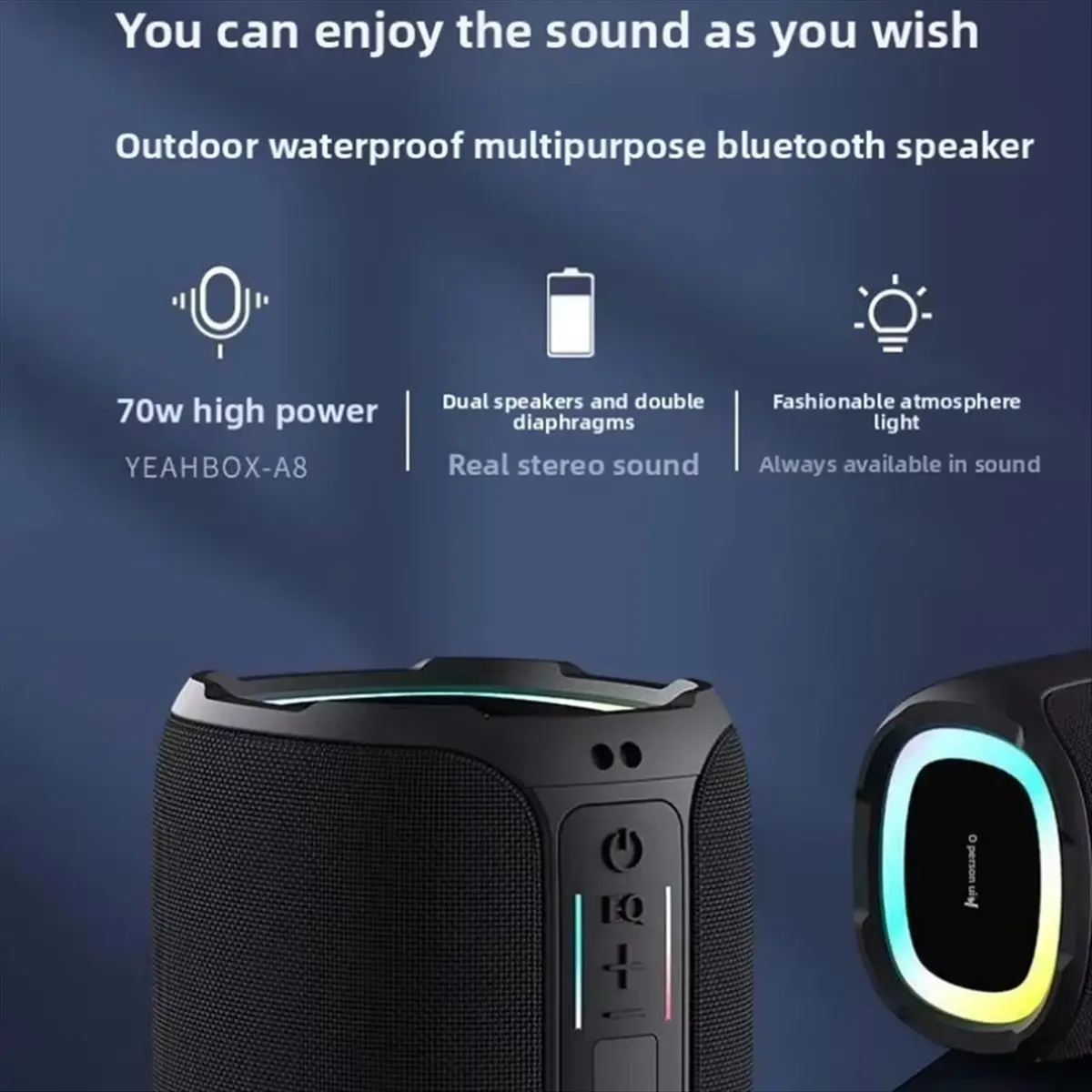 Беспроводная Bluetooth-колонка A73T, водонепроницаемый сабвуфер для улицы, портативная звуковая система, центр звуковой системы домашнего кинотеатра
Беспроводная Bluetooth-колонка A73T, водонепроницаемый сабвуфер для улицы, портативная звуковая система, центр звуковой системы домашнего кинотеатра