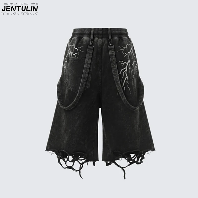 American Style Wasteland Distressed Denim Cropped Pant With Branche Lightning Print Ribbon Cut tassel Workwear Mid Pant Unisex
American Style Wasteland Distressed Denim Cropped Pant With Branche Lightning Print Ribbon Cut tassel Workwear Mid Pant Unisex