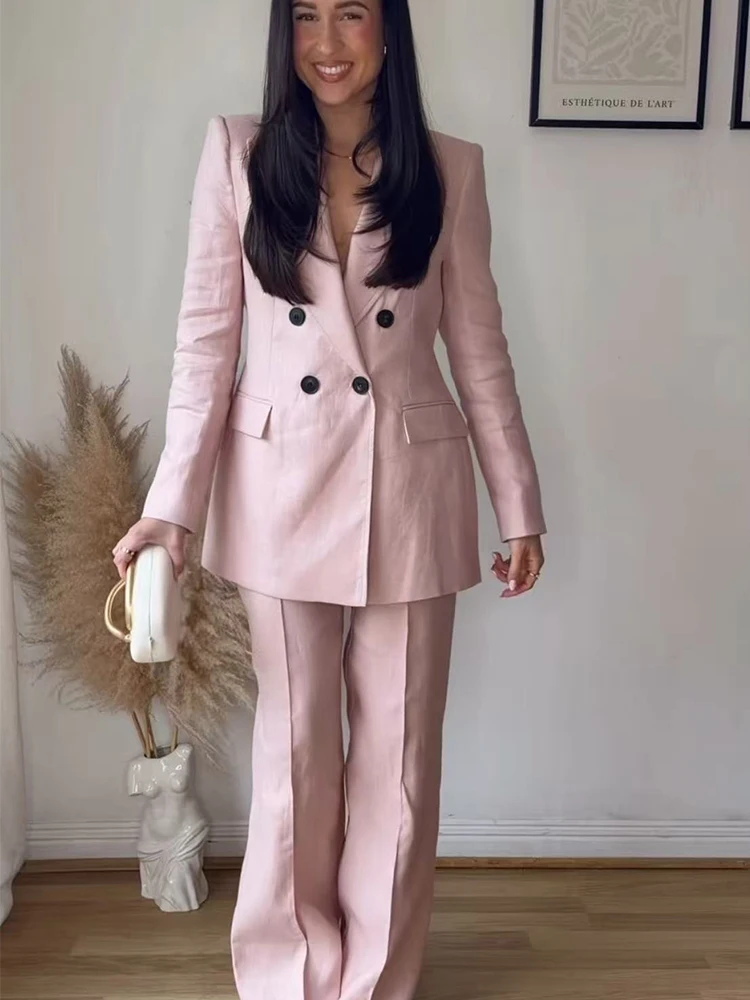 New Women's Double Breasted Pink Suit Coat Set Elegant Slim Fit Office Blazer Trousers 2 Piece Chic Spring Autumn Ladies Sets
New Women's Double Breasted Pink Suit Coat Set Elegant Slim Fit Office Blazer Trousers 2 Piece Chic Spring Autumn Ladies Sets