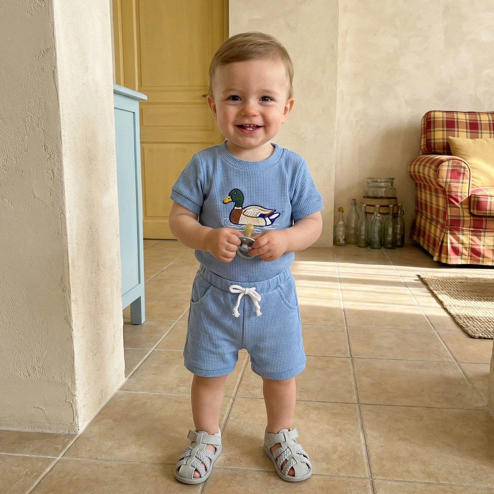 Infant Baby Boys Summer Waffle Clothing Set Fashionable Short Sleeve Round Neck Duck Embroidery Romper with Shorts 2Pcs Outfits
Infant Baby Boys Summer Waffle Clothing Set Fashionable Short Sleeve Round Neck Duck Embroidery Romper with Shorts 2Pcs Outfits