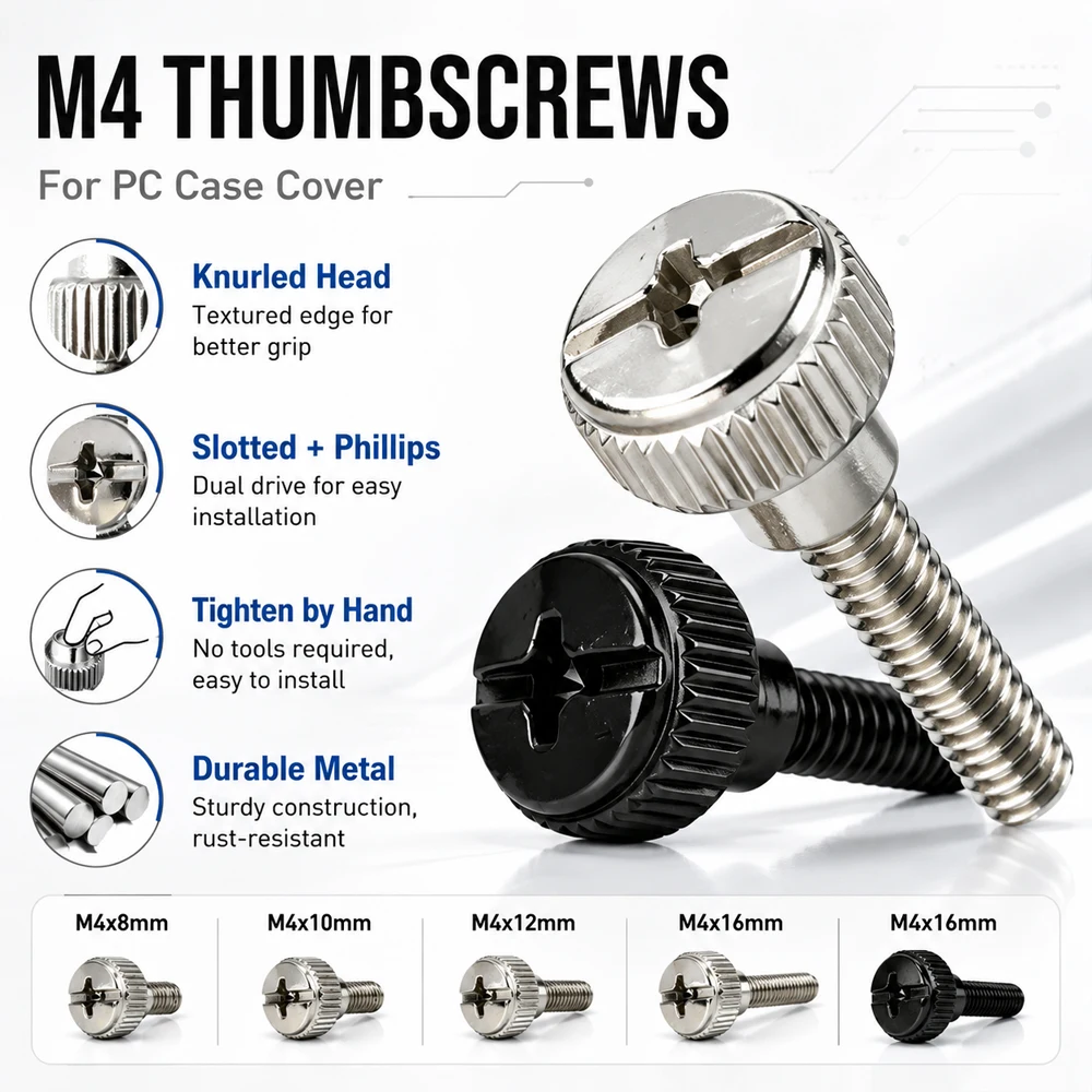 10-30pcs M4 Black Silver Computer Thumb Screws, Phillips Slot Hand Tighten Screws for PC Case Cover, Chassis Fastener
10-30pcs M4 Black Silver Computer Thumb Screws, Phillips Slot Hand Tighten Screws for PC Case Cover, Chassis Fastener