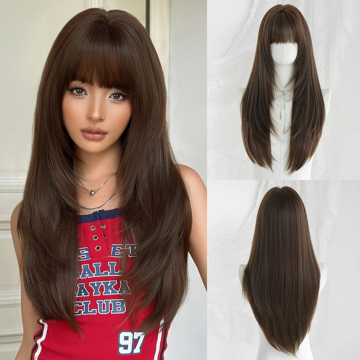 7JHH WIGS Long Straight Layered Mocha Brown Wig for Women Synthetic Modest Fashion Wear and Go Brown Wigs with Neat Bangs
7JHH WIGS Long Straight Layered Mocha Brown Wig for Women Synthetic Modest Fashion Wear and Go Brown Wigs with Neat Bangs