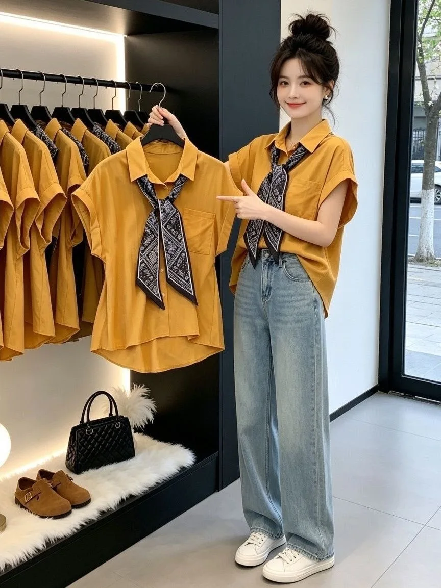 Summer Thin Loose Collar Silk Scarf Short Sleeve Women's Shirt Versatile New Style Youthful Top Korean Style Commute Wind
Summer Thin Loose Collar Silk Scarf Short Sleeve Women's Shirt Versatile New Style Youthful Top Korean Style Commute Wind
