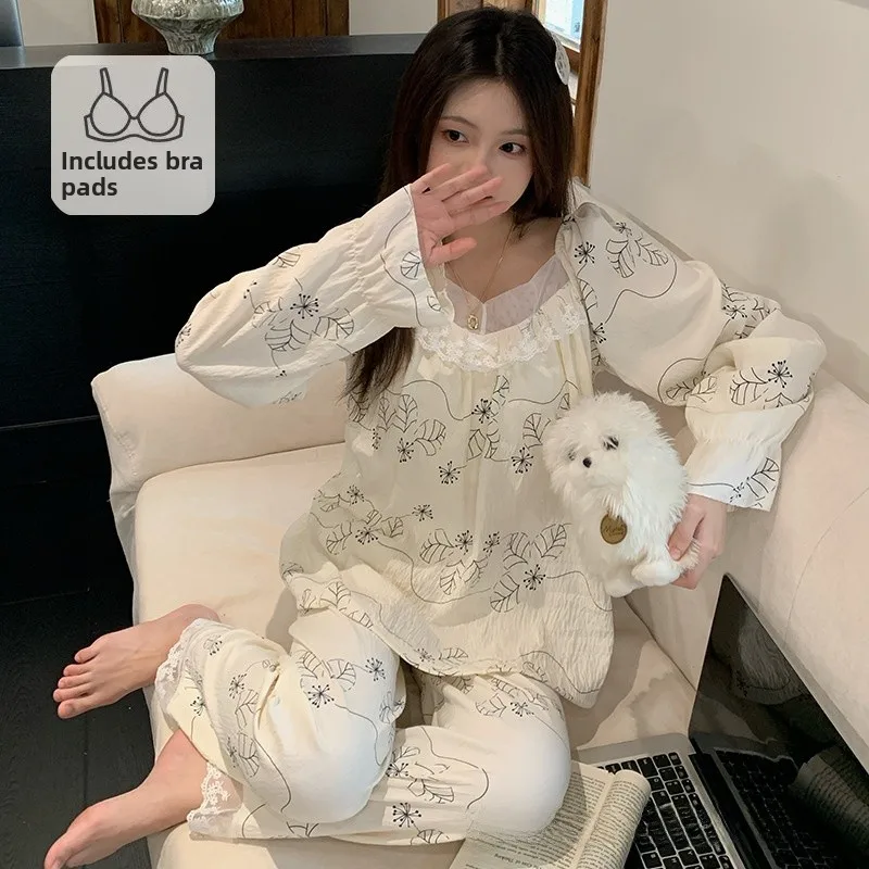Elegant Women's Sleepwear with Chest Pad Long Sleeve Long Pants Lace Design Spring Autumn New Style Outwear Home Clothes
Elegant Women's Sleepwear with Chest Pad Long Sleeve Long Pants Lace Design Spring Autumn New Style Outwear Home Clothes