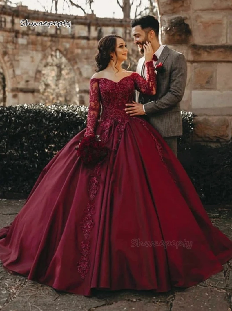 Burgundy Wedding Dress Lace Long Sleeves ball Gown Bridal Gowns Appliques Beaded Satin Vestido De Novia Customized
Burgundy Wedding Dress Lace Long Sleeves ball Gown Bridal Gowns Appliques Beaded Satin Vestido De Novia Customized