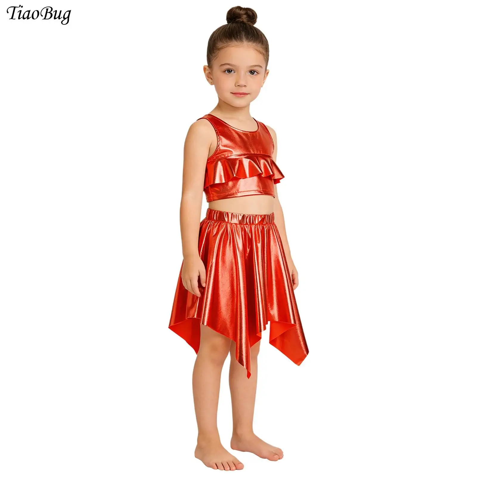 Kids Girls Rhythmic Jazz Dance Outfit Sleeveless Metallic Ruffle Vest And Skirt for Contemporary Cheerleading Chorus Performance
Kids Girls Rhythmic Jazz Dance Outfit Sleeveless Metallic Ruffle Vest And Skirt for Contemporary Cheerleading Chorus Performance