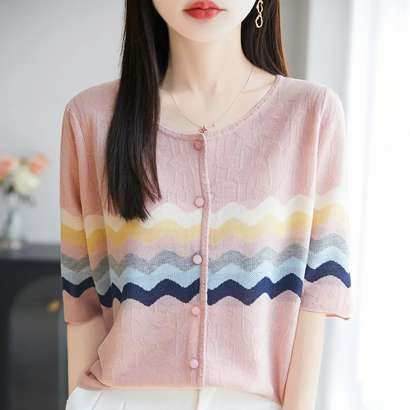 2025 summer new women's short sleeved casual round neck striped T-shirt loose knit Tops cardigan Tees cool
2025 summer new women's short sleeved casual round neck striped T-shirt loose knit Tops cardigan Tees cool