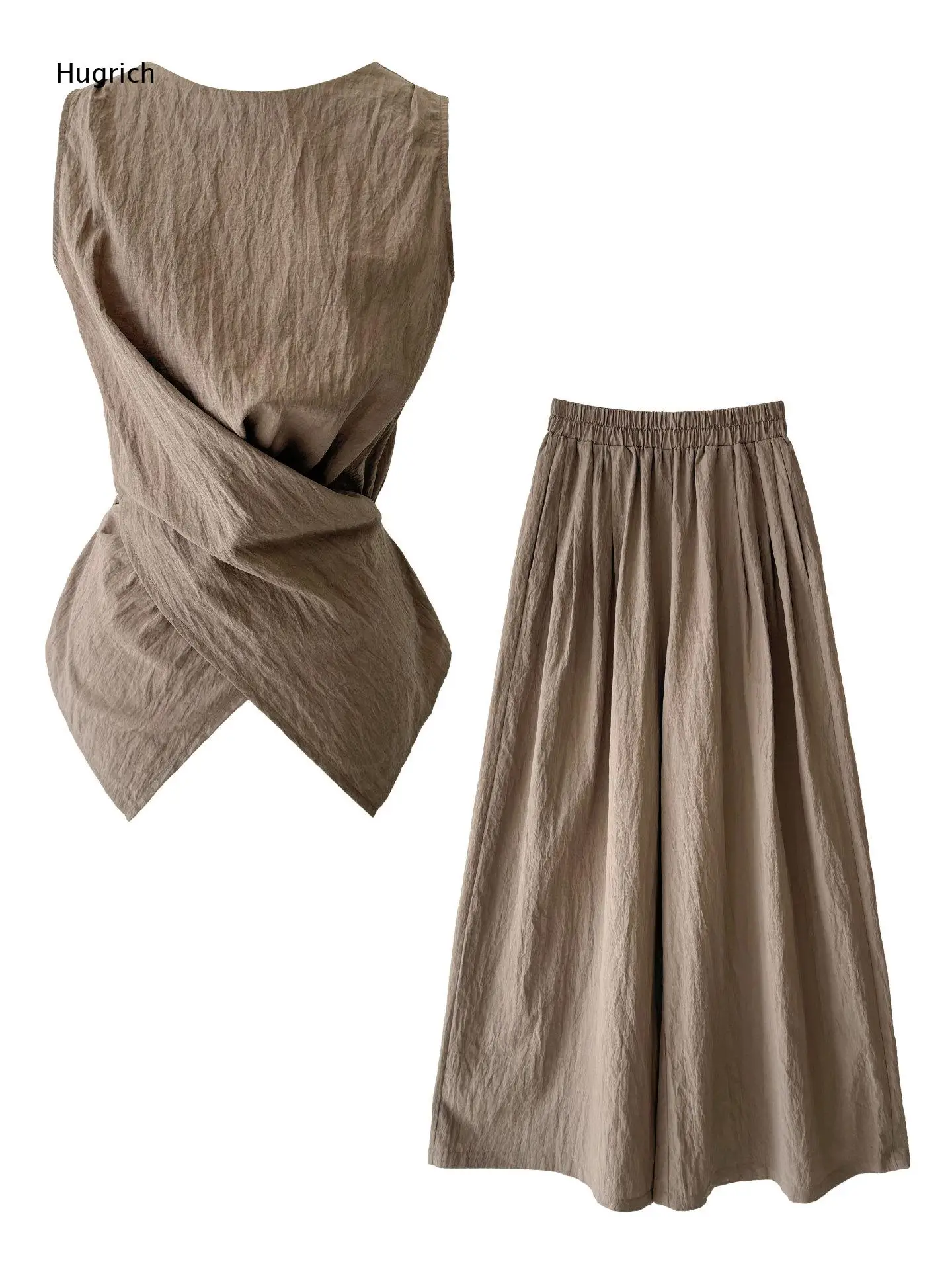 Daily Casual Matching Suit For Ladies Sleeveless Cross Cut Tank Top Elastic Waist Loose Solid Khaki Wrinkle Wide Leg Pants
Daily Casual Matching Suit For Ladies Sleeveless Cross Cut Tank Top Elastic Waist Loose Solid Khaki Wrinkle Wide Leg Pants