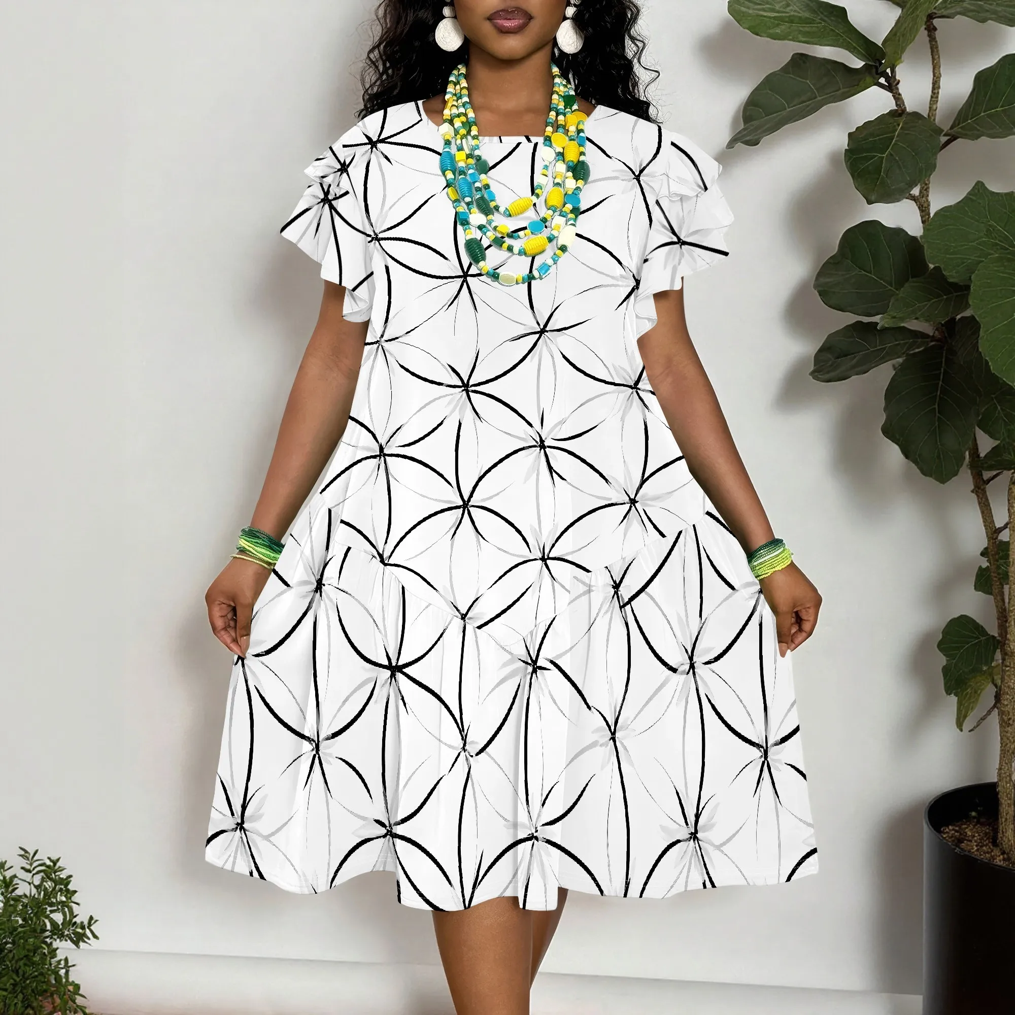 Short Sleeve Dress, Black Line Print Summer Dress, White A-Line Midi Dress for Women, Casual Party Wear XL-6XL
Short Sleeve Dress, Black Line Print Summer Dress, White A-Line Midi Dress for Women, Casual Party Wear XL-6XL