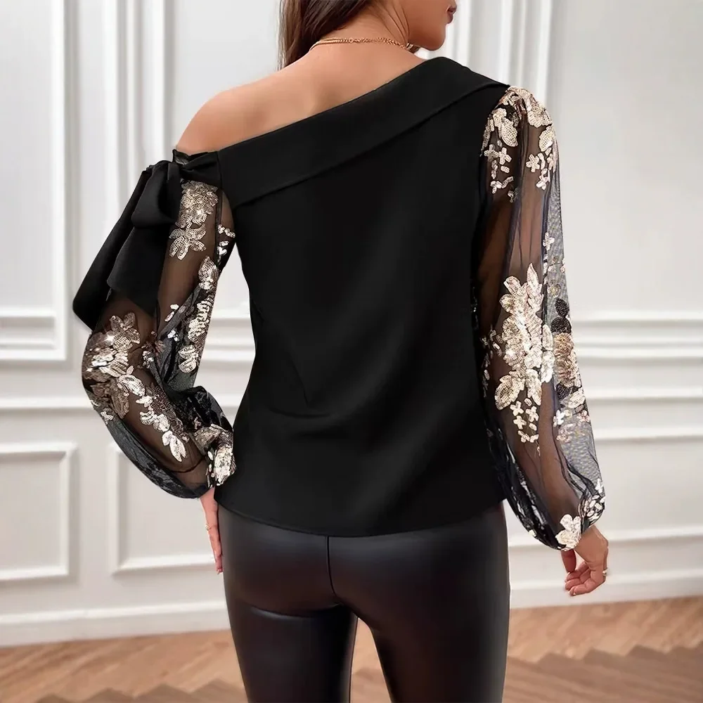 Long Sleeve Sequin Tops Women 2024 Spring New Fashion Floral Pattern Skew Neck Sheer Mesh Patch Casual Lace-Up Daily Blouse
Long Sleeve Sequin Tops Women 2024 Spring New Fashion Floral Pattern Skew Neck Sheer Mesh Patch Casual Lace-Up Daily Blouse