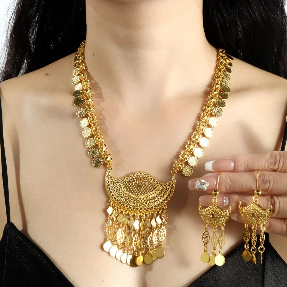 New jewelry set Middle East hot-selling fashion gold alloy hollow coin tassel necklace and earrings women
New jewelry set Middle East hot-selling fashion gold alloy hollow coin tassel necklace and earrings women