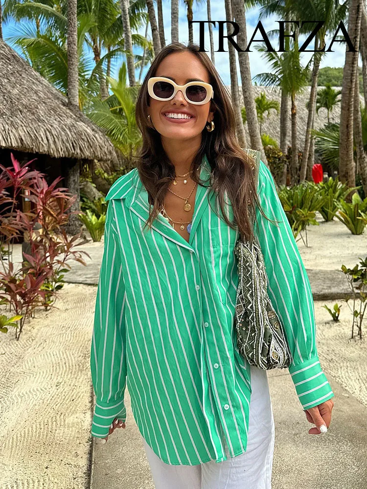 TRAFZA Women Summer Elegant Blouse Striped Turn-Down Collar Long-sleeved Pockets Single-breasted Woman Blouse Streetwear Mujer
TRAFZA Women Summer Elegant Blouse Striped Turn-Down Collar Long-sleeved Pockets Single-breasted Woman Blouse Streetwear Mujer