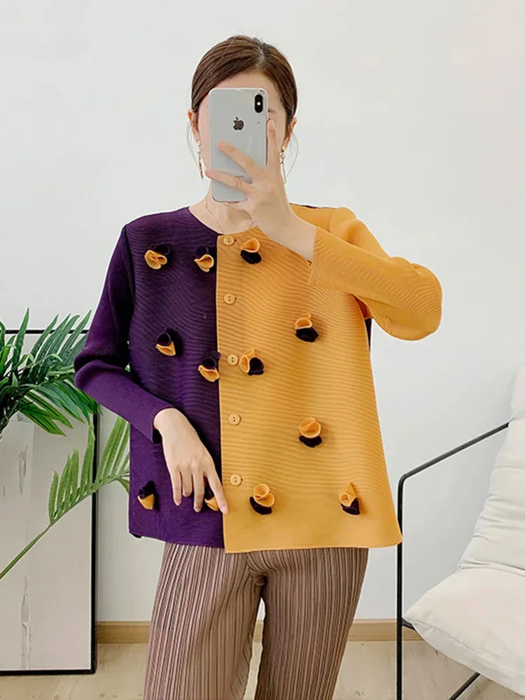 Single Breasted Pleated Shirts For Women Round Neck Irregular Color Block Flower Shirt Female Chic Top Autumn New 2R8933
Single Breasted Pleated Shirts For Women Round Neck Irregular Color Block Flower Shirt Female Chic Top Autumn New 2R8933