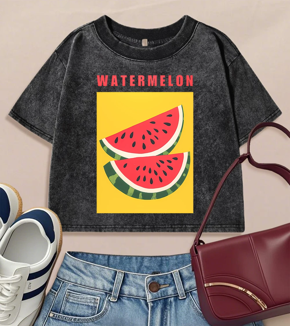 Summer Watermelon Fruits Women Washed T Shirt Summer Breathable Tee Shirt O-Neck All-Match Short Sleeve Street Cotton Crop Tops 
Summer Watermelon Fruits Women Washed T Shirt Summer Breathable Tee Shirt O-Neck All-Match Short Sleeve Street Cotton Crop Tops