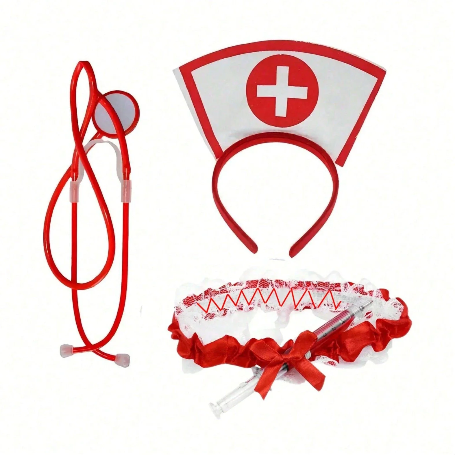 Red & White Nurse Cosplay Set: Cap Headband, Stethoscope, Syringe Garter – 1/2/4pcs Halloween Party Accessory For Women
Red & White Nurse Cosplay Set: Cap Headband, Stethoscope, Syringe Garter – 1/2/4pcs Halloween Party Accessory For Women