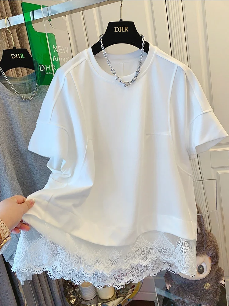 plus Size Women's Lace Trim Short Sleeve T-Shirt Summer Loose Fit Color Block Meat Conceal Slimming Top Korean Style Cotton r...
plus Size Women's Lace Trim Short Sleeve T-Shirt Summer Loose Fit Color Block Meat Conceal Slimming Top Korean Style Cotton r...