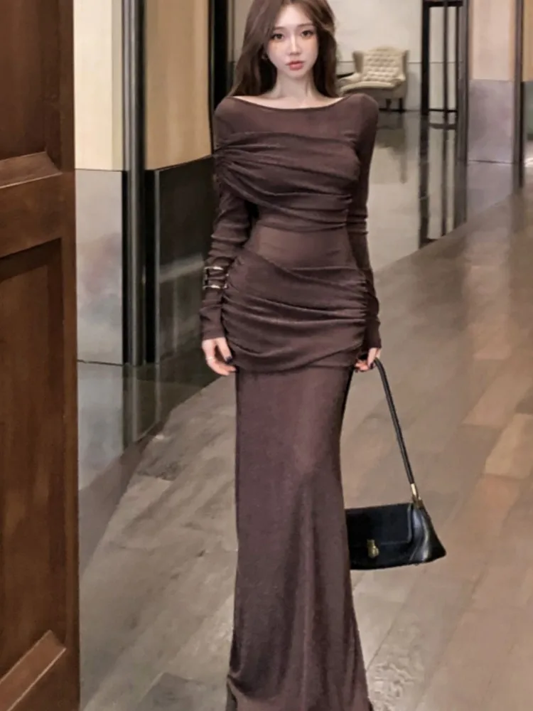 Women Autumn Long Sleeve Off Shoulder Coffee Long Dresses Slash Neck Mesh Patchwork Dress Prom Evening Birthday Female Clothing
Women Autumn Long Sleeve Off Shoulder Coffee Long Dresses Slash Neck Mesh Patchwork Dress Prom Evening Birthday Female Clothing