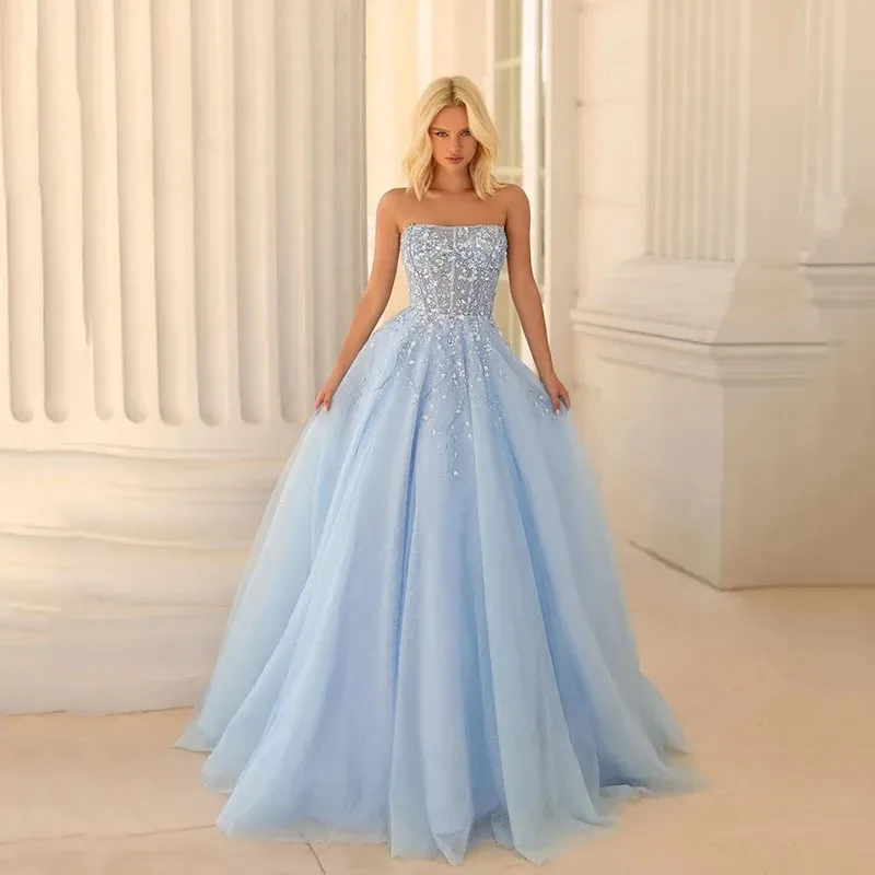 Elegant A Line Evening Dresses Strapless Sleeveless Gown Sequins Appliques Sweep Train Dress Party Prom Custom Made
Elegant A Line Evening Dresses Strapless Sleeveless Gown Sequins Appliques Sweep Train Dress Party Prom Custom Made