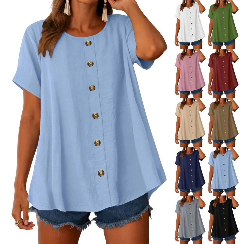 New 2026 Women T-Shirt O-Neck Buttons Short Sleeve Loose Blouses Solid Color Casual Summer Tee Shirt Daily Wear Ladies Tops
New 2026 Women T-Shirt O-Neck Buttons Short Sleeve Loose Blouses Solid Color Casual Summer Tee Shirt Daily Wear Ladies Tops