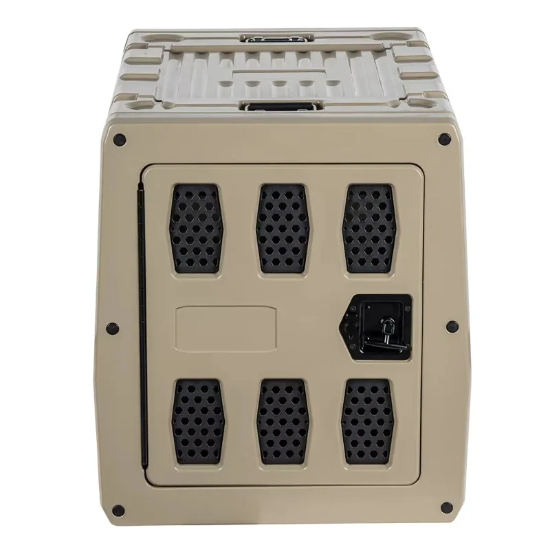 Portable rotomolded kennel cage button closes indoor transport car cage for pet consignment trips
Portable rotomolded kennel cage button closes indoor transport car cage for pet consignment trips