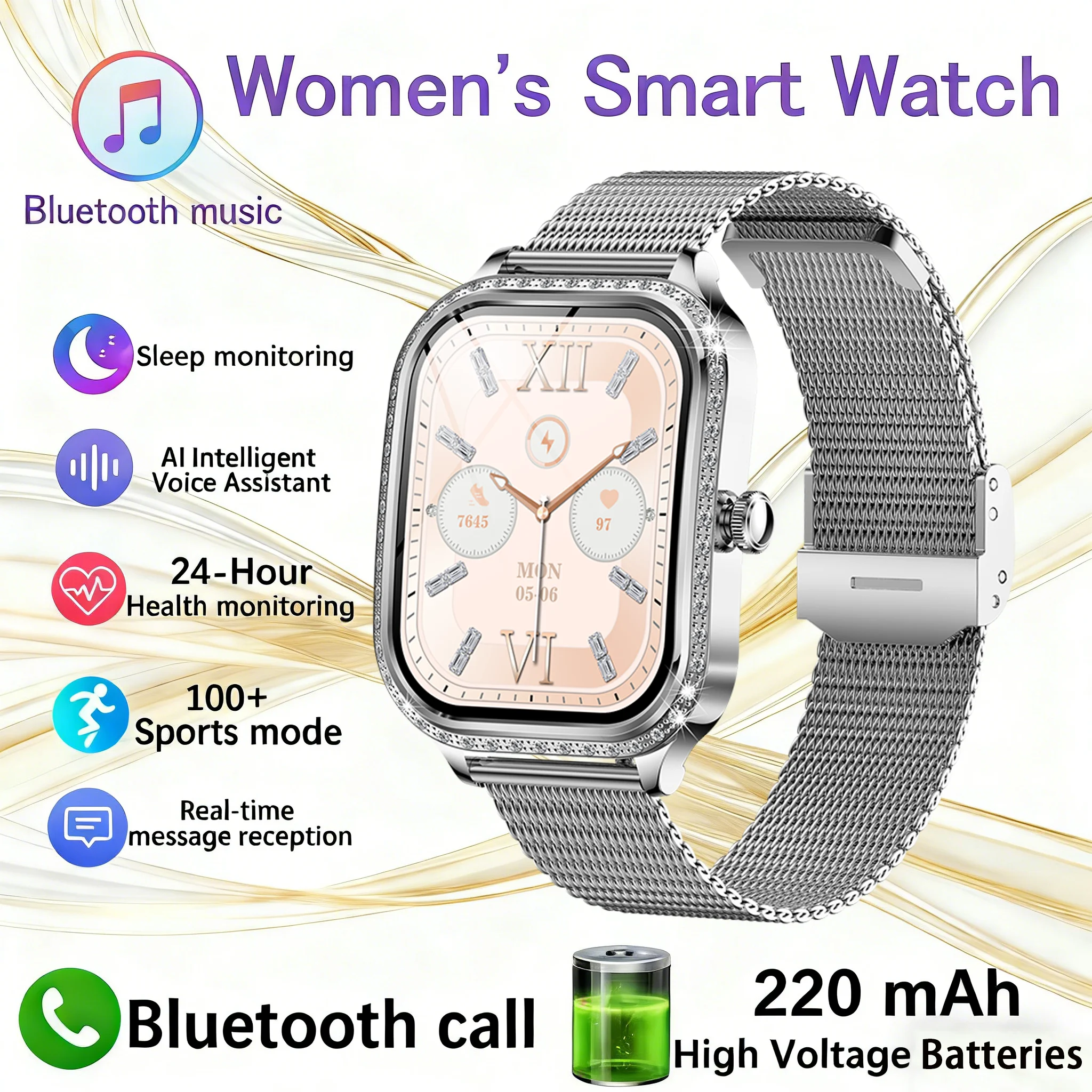 Новинка 2023 года, женские часы Smat, 1,8 = 75 дюймов, кровяное давление, пульс, Bluetooth-вызов, женские умные часы для здоровья, женские для Android IOS
Новинка 2023 года, женские часы Smat, 1,8 = 75 дюймов, кровяное давление, пульс, Bluetooth-вызов, женские умные часы для здоровья, женские для Android IOS