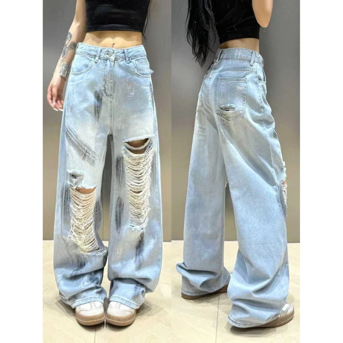 Light Wash Distressed Denim Jeans Women's Autumn New Design Wide Leg Pants Floor Length Trousers Casual Style
Light Wash Distressed Denim Jeans Women's Autumn New Design Wide Leg Pants Floor Length Trousers Casual Style