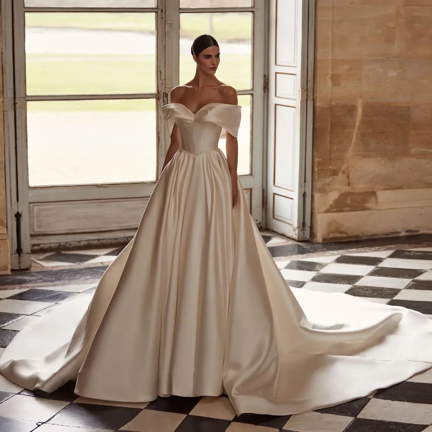 Elegant Wedding Dress 2026 Off The Shoulder Satin Train A-Line Church Birde Bridal Gowns Vestido De Novia
Elegant Wedding Dress 2026 Off The Shoulder Satin Train A-Line Church Birde Bridal Gowns Vestido De Novia