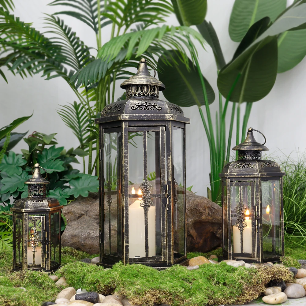 Set of 3 Decorative Candle Lanterns 20''&14"&10" H Outdoor Candle Lanterns Vintage Metal Cand leholder (Black with Gold Brush)
Set of 3 Decorative Candle Lanterns 20''&14"&10" H Outdoor Candle Lanterns Vintage Metal Cand leholder (Black with Gold Brush)